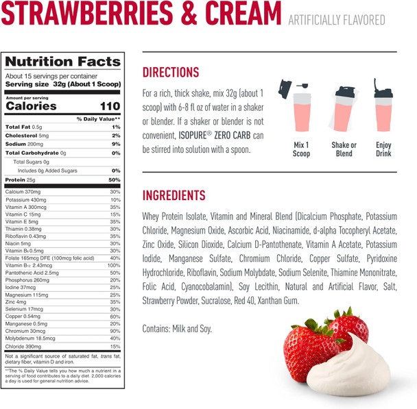 Isopure Zero Carb 100% Pure Whey Isolate Protein Powder Gluten Free With Vitamins Strawberries & Cream 25g Protein Per Serving 1 Lb 15 Servings