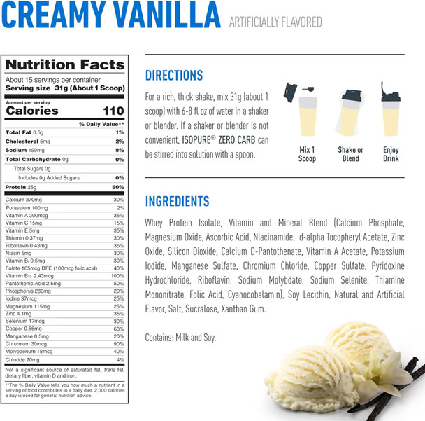 Isopure Zero Carb 100% Pure Whey Isolate Protein Powder Lactose Free Gluten Free with Vitamins Creamy Vanilla 25g Protein Per Serving 1 Lb 15 Servings