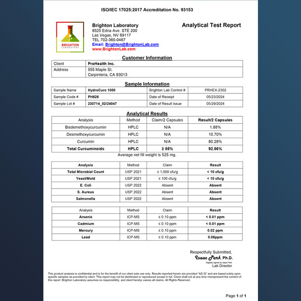ProHealth Hydrocurc with LipiSperse Technology. Cognitive Support Promotes Joint Health Higher Bioavailability for Longevity and Mental Clarity 60 Caps 30 Day Supply