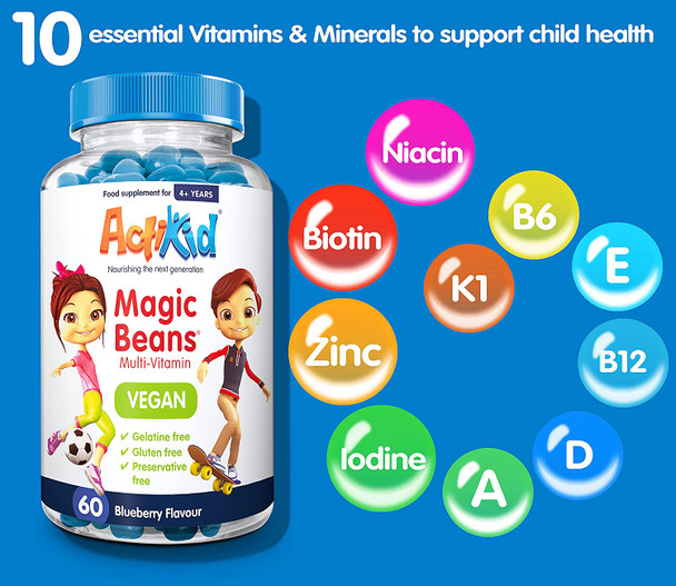 2X Actikid Magic Beans Vegan Multi-Vitamin 60X Blueberry Flavour | Gelatin Free | Kid'S Vitamin | Immune Booster