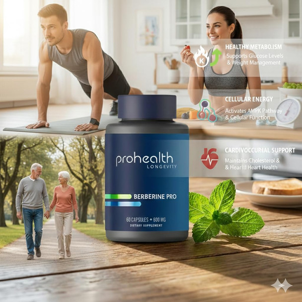 ProHealth Berberine Pro. Promotes Youthful Metabolism + Healthy Body Composition. with Alpha Lipoic Acid & Black Pepper Extract. 1200 mg per 2 Cap Serving 60 Caps