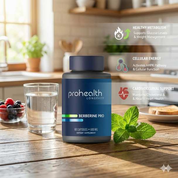 ProHealth Berberine Pro. Promotes Youthful Metabolism + Healthy Body Composition. with Alpha Lipoic Acid & Black Pepper Extract. 1200 mg per 2 Cap Serving 60 Caps