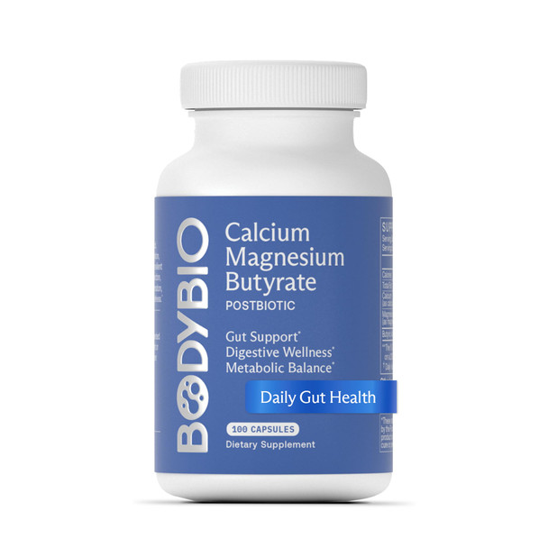 BodyBio Butyrate - Postbiotic for Gut Health Digestive Support Bloat Gas & Constipation Relief Leaky Gut Repair - Calcium Magnesium + Butyric Acid Supplement for GI Wellness - 100 Capsules