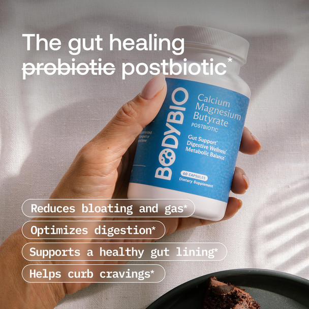 BodyBio Butyrate - Postbiotic for Gut Health Digestive Support Bloat Gas & Constipation Relief Leaky Gut Repair - Calcium Magnesium + Butyric Acid Supplement for GI Wellness - 100 Capsules