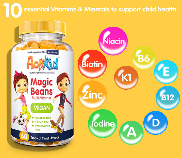 2X Actikid Magic Beans Vegan Multi-Vitamin 60X Tropical Twist Flavour | Gelatine Free | Children'S Vitamin | Immune System Booster