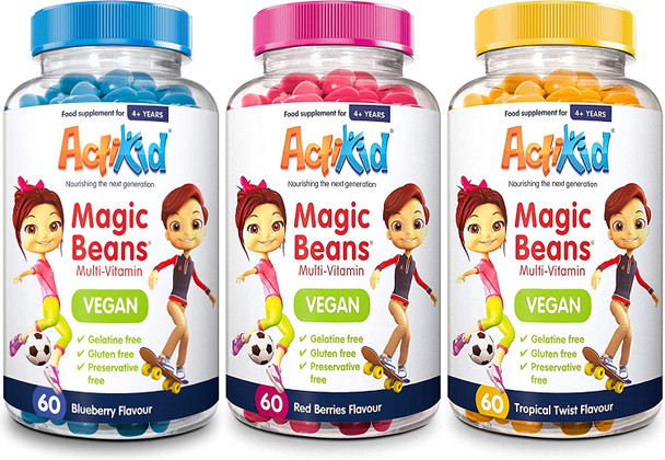 3 Pack Actikid Vegan Magic Beans Multi-Vitamin Red Berries, Blueberry & Tropical Twist Flavour 60S | Gelatine Free | Vitamins For Kids | Immune Boost