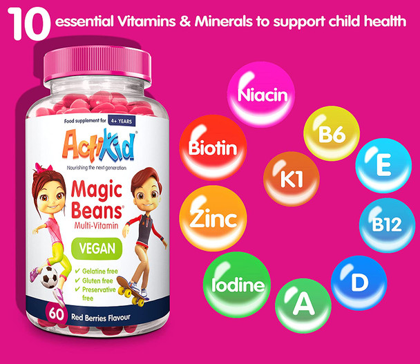 3 Pack Actikid Vegan Magic Beans Multi-Vitamin Red Berries, Blueberry & Tropical Twist Flavour 60S | Gelatine Free | Vitamins For Kids | Immune Boost