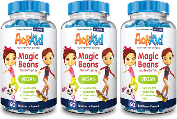 3X Actikid Magic Beans Vegan Multi-Vitamin 60X Blueberry Flavour | Gelatine Free | Children'S Vitamin | Immunity Booster