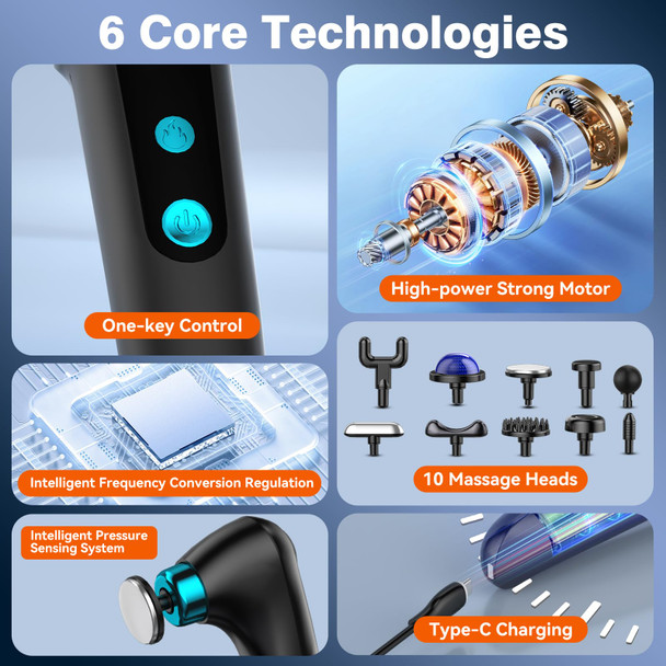 patpaw Back Massager with Heat & Cold Therapy, Foldable Deep Tissue Massage Gun for Back & Shoulders, Cordless Percussion Massager for Pain Relief, 9 Speeds, 10 Heads