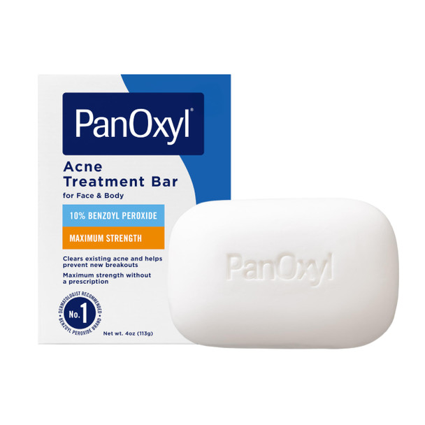 PanOxyl Acne Treatment Bar with 10% Benzoyl Peroxide Maximum Strength Bar Soap for Face Chest and Back Benzoyl Peroxide Soap Body Wash Vegan For Acne Prone Skin 4 oz