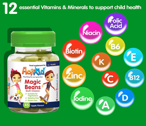 Actikid Magic Beans Multivitamin 45X Apple Flavour, Gelatine Free, Vitamins For Children, Immune System Booster