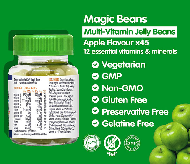 Actikid Magic Beans Multivitamin 45X Apple Flavour, Gelatine Free, Vitamins For Children, Immune System Booster