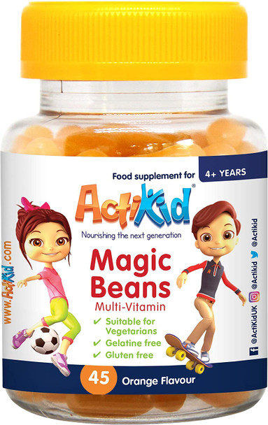 Actikid Magic Beans Multivitamin 45X Orange Flavour, Gelatine Free, Vitamins For Children, Immune System Booster, Halal