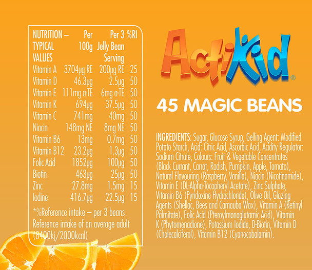 Actikid Magic Beans Multivitamin 45X Orange Flavour, Gelatine Free, Vitamins For Children, Immune System Booster, Halal