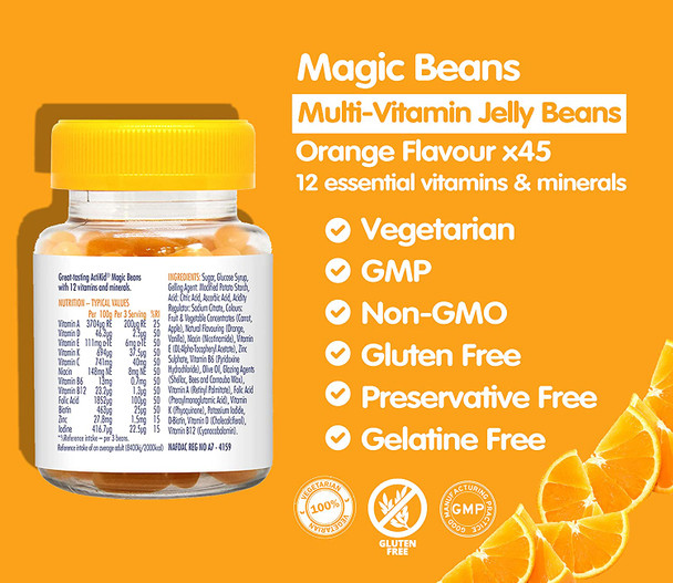 Actikid Magic Beans Multivitamin 45X Orange Flavour, Gelatine Free, Vitamins For Children, Immune System Booster, Halal