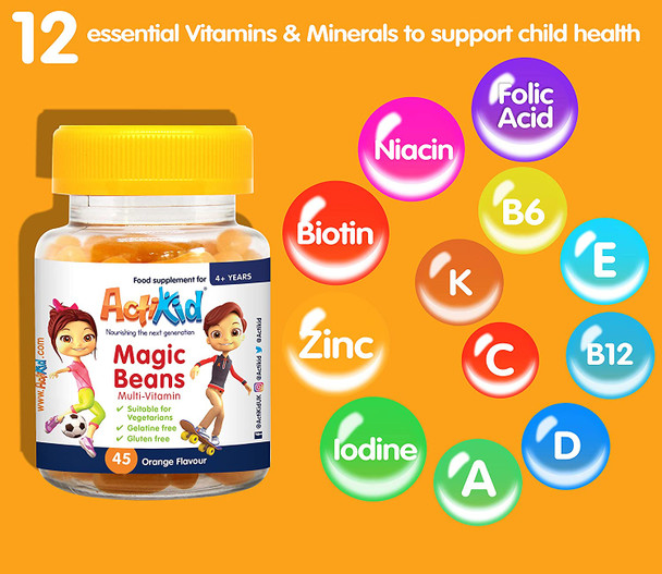 Actikid Magic Beans Multivitamin 45X Orange Flavour, Gelatine Free, Vitamins For Children, Immune System Booster, Halal