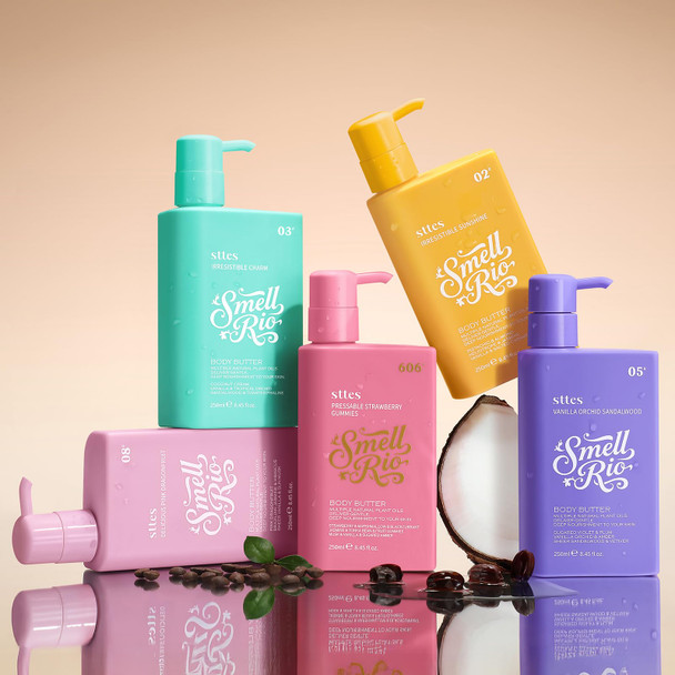 Sttes Smell Rio Body Butter 02# (Irresistible Sunshine) – Pistachio Almond Vanilla & Salted Caramel Scent – Fast-Absorbing Firming Body Cream with Coconut & Jojoba Oils Caffeine 250ml