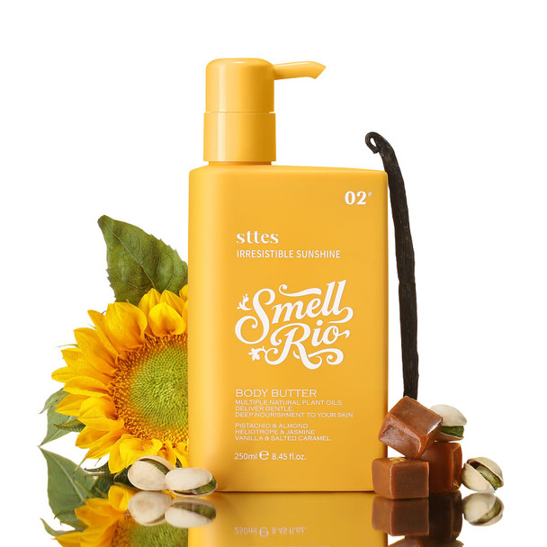 Sttes Smell Rio Body Butter 02# (Irresistible Sunshine) – Pistachio Almond Vanilla & Salted Caramel Scent – Fast-Absorbing Firming Body Cream with Coconut & Jojoba Oils Caffeine 250ml