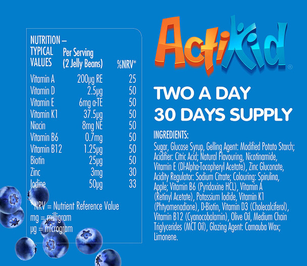 Actikid Magic Beans Vegan Multi-Vitamin 60X Blueberry Flavour | Gelatin Free | Kid'S Vitamin | Immune System