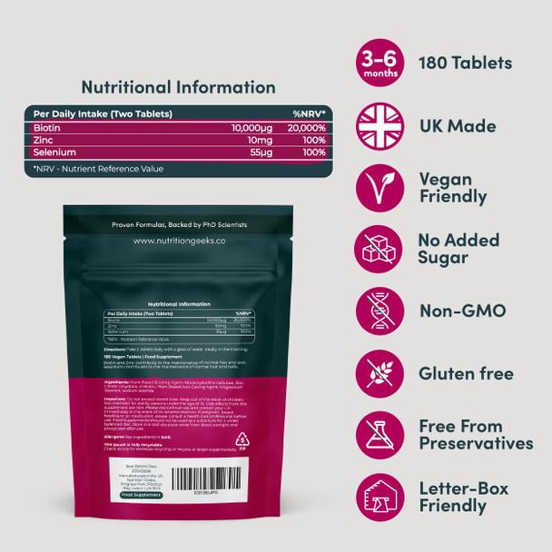 Biotin Hair Growth Supplement - 180 Vegan Tablets Enhanced with Zinc & Selenium Hair Vitamins Complex - Biotin 10000 mcg - Hair Skin and Nails Vitamins for Women & Men UK