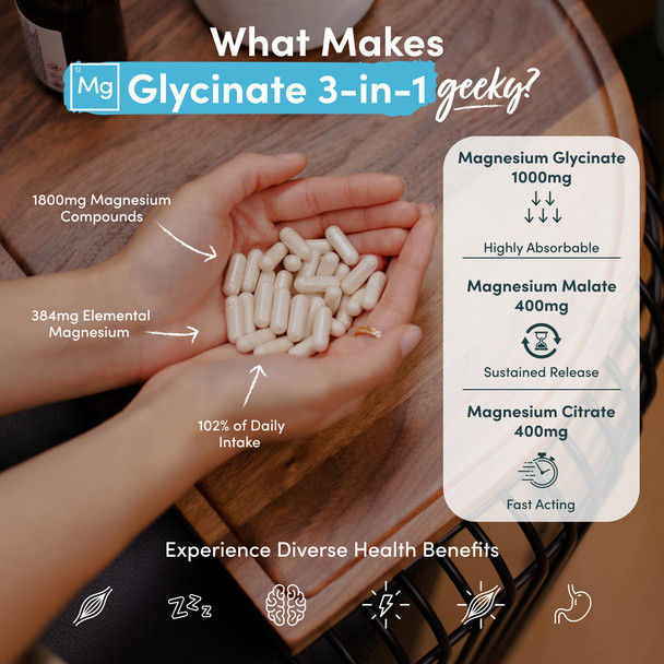Magnesium Glycinate 3-in-1 Complex - 1800mg Supplements as Bisglycinate Citrate & Malate 90 Vegan Capsules Triple High Absorption 384mg Elemental UK Made