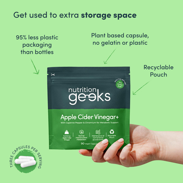 Nutrition Geeks Apple Cider Vinegar Capsules 15000mg with Mother & 30% Acetic Acid - Enhanced with Chromium & Cayenne Pepper - 90 Vegan Capsules (Not Apple Cider Vinegar Gummies or Liquid) Teeth Friendly - UK Made