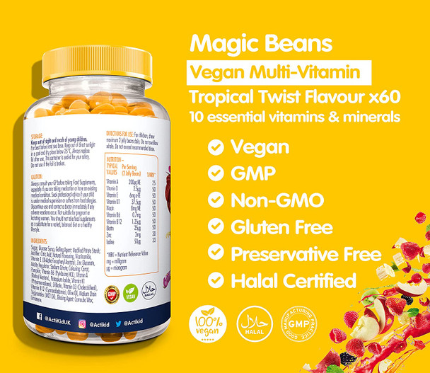 Actikid Magic Beans Vegan Multi-Vitamin 60X Tropical Twist Flavour | Gelatine Free | Children'S Vitamin | Immune System Booster