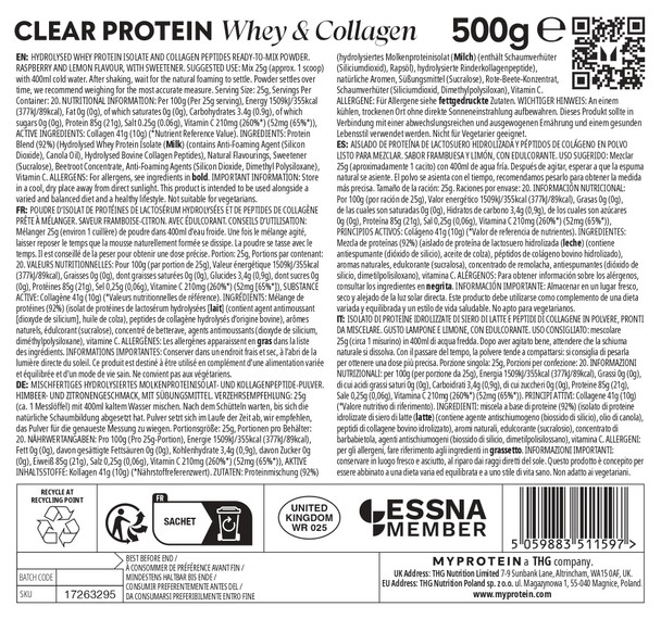 Myprotein Clear Whey Protein + Collagen | Raspberry Lemonade - 500 g (20 Servings) | Juice-Style Protein Powder with Hydrolysed Collagen & Vitamin C | 21g Protein per Serving | Fitness Drink