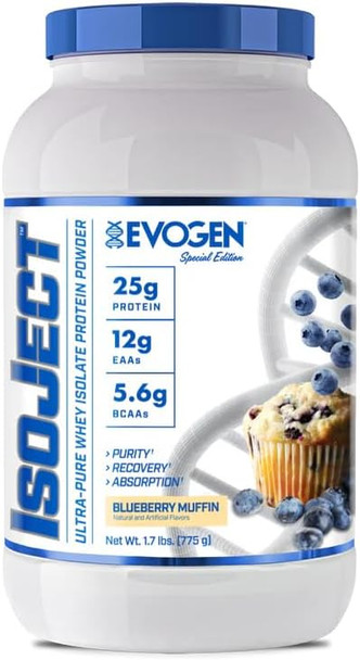 Evogen Isoject - Whey Protein Isolate | Ultra-Pure Whey Protein Powder with Ignitor Enzymes BCAAs and EAAs | Enhanced Absorption & Recovery | Blueberry Muffin | 25 Servings