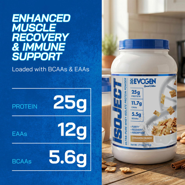Evogen Isoject - Whey Protein Isolate | Ultra-Pure Whey Protein Powder with Ignitor Enzymes BCAAs and EAAs | Enhanced Absorption & Recovery | Cinnamon Crunch | 25 Servings