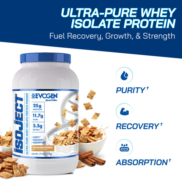 Evogen Isoject - Whey Protein Isolate | Ultra-Pure Whey Protein Powder with Ignitor Enzymes BCAAs and EAAs | Enhanced Absorption & Recovery | Cinnamon Crunch | 25 Servings