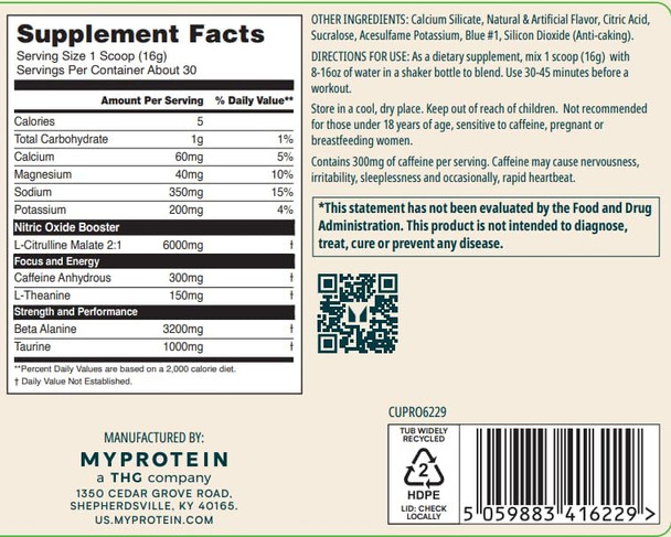 Myprotein Origin Pre-Workout Powder – Blue Raspberry 30 Servings | 6g L-Citrulline Malate 3.2g Beta-Alanine 300mg of Caffeine | High-Performance Preworkout for Strength Pump & Endurance