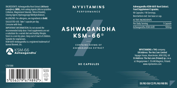 Myprotein Ashwagandha KSM-66 Capsules | 500mg Full-Spectrum Extract | Traditional Ayurvedic Herb for Wellness & Balance | 90 Vegan-Friendly Capsules | Supports Relaxation Mood & Vitality