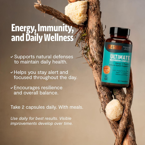 FreshCap Organic Mushroom Capsules Supplement - Fruiting Body Extract (Ultimate Mushroom Complex, 60 Capsules)