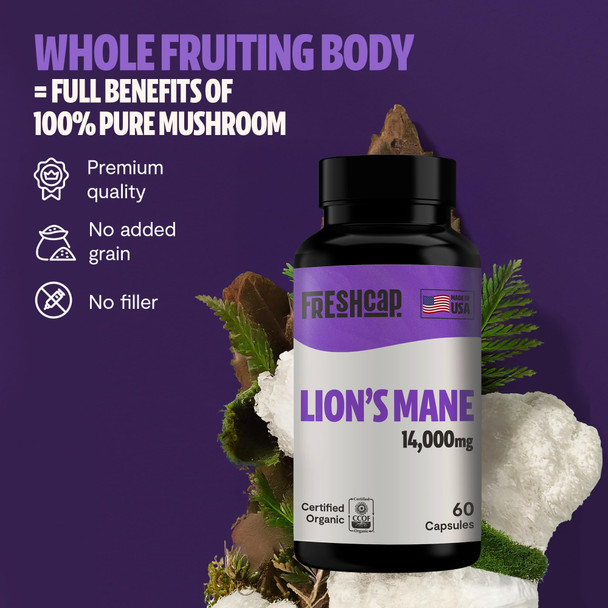 FreshCap Organic Mushroom Capsules Supplement - Fruiting Body Extract (Lion's Mane, 180 Capsules)