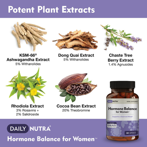 Hormone Balance - Women's Serotonin Supplement - KSM-66 Ashwagandha Dong Quai Chaste Tree Berry Rhodiola & Cocoa Bean Extracts - for Female Hormones PMS Menopause (60 Capsules)