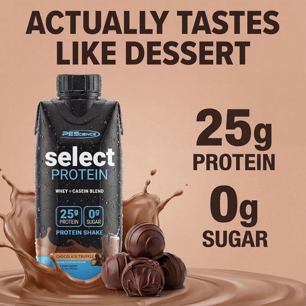 PEScience Select Protein Shake RTD, 25g Whey and Casein Blend, High Protein Drink, Gluten Free, Keto Friendly, 0g Sugar, Low Carb Ready to Drink Meal Replacement, Chocolate Truffle - Pack of 12