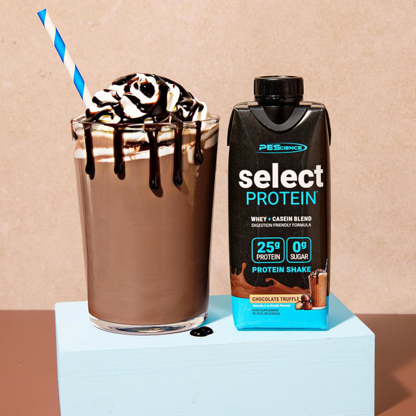 PEScience Select Protein Shake RTD, 25g Whey and Casein Blend, High Protein Drink, Gluten Free, Keto Friendly, 0g Sugar, Low Carb Ready to Drink Meal Replacement, Chocolate Truffle - Pack of 12