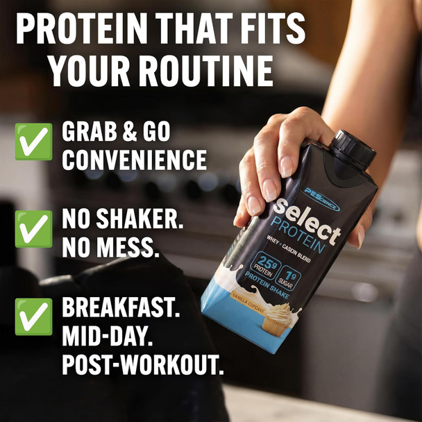 PEScience Select Protein Shake RTD, 25g Whey and Casein Blend, High Protein Drink, Gluten Free, Keto Friendly, 0g Sugar, Low Carb Ready to Drink Meal Replacement, Vanilla Cupcake - Pack of 4
