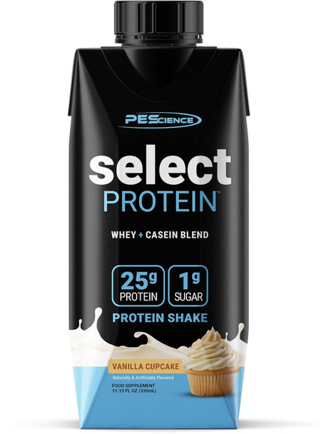 PEScience Select Protein Shake RTD, 25g Whey and Casein Blend, High Protein Drink, Gluten Free, Keto Friendly, 0g Sugar, Low Carb Ready to Drink Meal Replacement, Vanilla Cupcake - Pack of 4