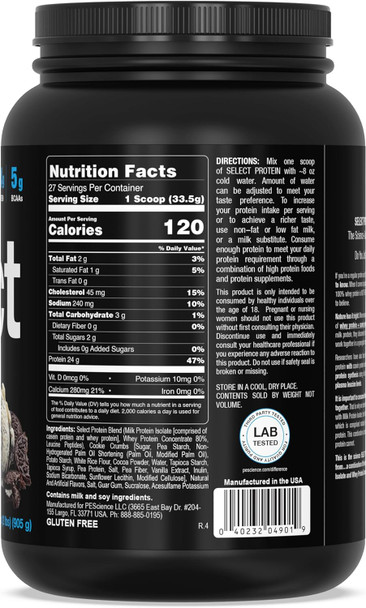 PEScience Select Protein Powder, Whey and Casein Blend, Lean Protein Powder for Women and Men, Low Calorie, Low Carb, Keto Friendly, Gluten Free, Cookies and Cream - 27 Servings