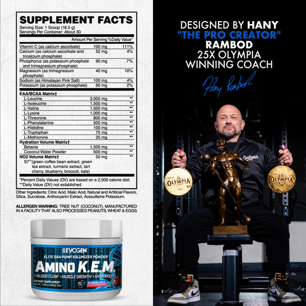 Evogen Amino K.E.M. - EAA & BCAA Powder Pump Volumizer | BCAAs Amino Acids Supplement for Blood Flow Muscle Growth & Hydration | Blueberry Apple | 30 Servings