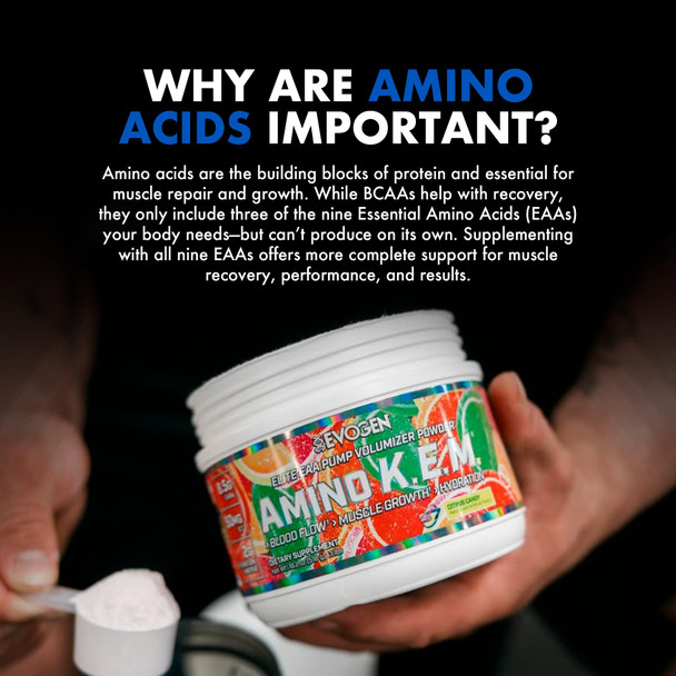 Evogen Amino K.E.M. - EAA & BCAA Powder Pump Volumizer | BCAAs Amino Acids Supplement for Blood Flow Muscle Growth & Hydration | Citrus Candy | 30 Servings