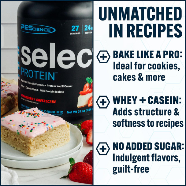 PEScience Select Protein Powder, Whey and Casein Blend, Gluten Free, Low Carb Protein Powder for Women and Men, Low Calorie, Keto Friendly - Strawberry Cheesecake, 5 Servings
