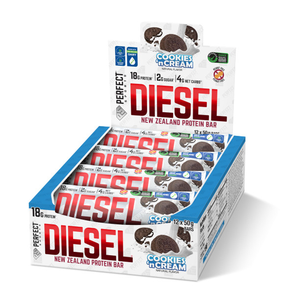PERFECT SPORTS Diesel New Zealand Whey Protein Bars | Stevia Sweetened No Artificial Flavors | Low Sugar 18g Protein | 12 Pack Cookies n' Cream