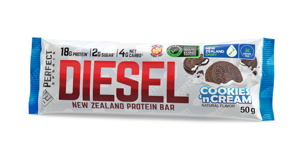 PERFECT SPORTS Diesel New Zealand Whey Protein Bars | Stevia Sweetened No Artificial Flavors | Low Sugar 18g Protein | 12 Pack Cookies n' Cream