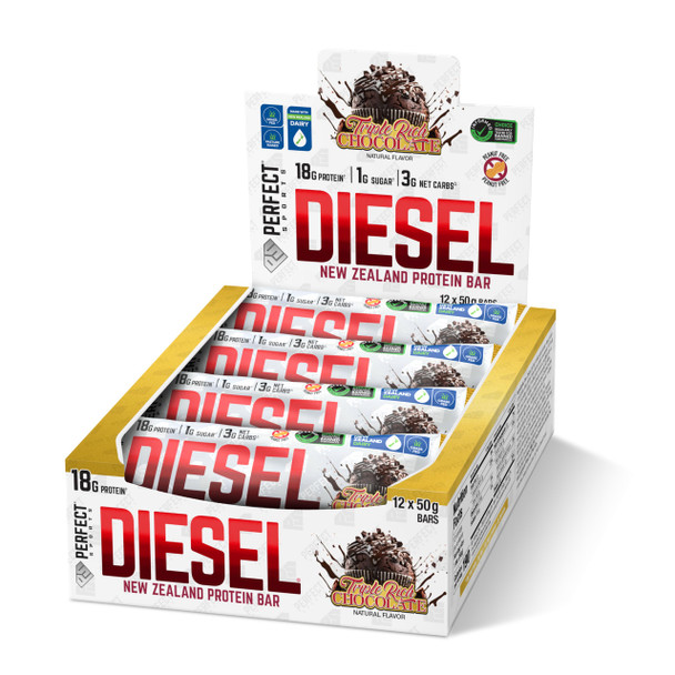 PERFECT SPORTS Diesel New Zealand Whey Protein Bars | Stevia Sweetened No Artificial Flavors | Low Sugar 18g Protein | 12 Pack Triple Rich Chocolate
