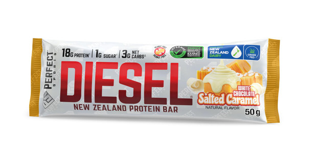 PERFECT SPORTS Diesel New Zealand Whey Protein Bars | Stevia Sweetened No Artificial Flavors | Low Sugar 18g Protein | 12 Pack White Chocolate Salted Caramel
