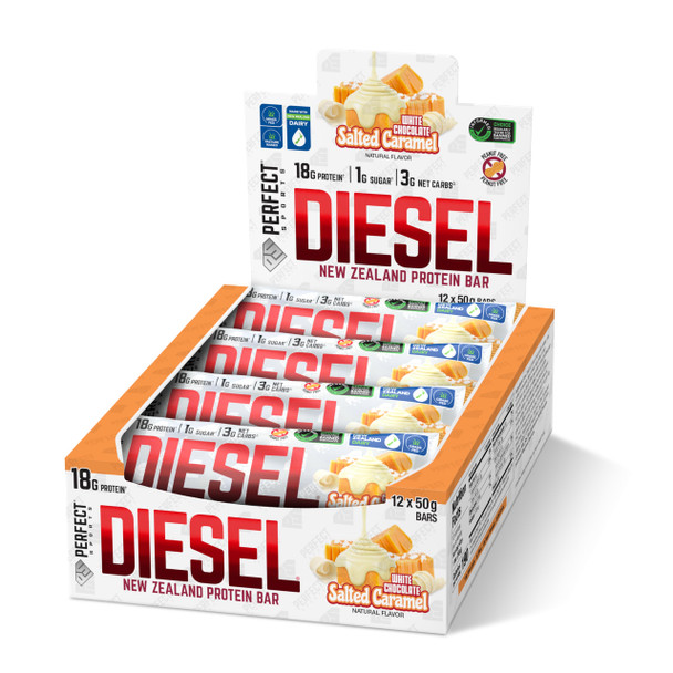 PERFECT SPORTS Diesel New Zealand Whey Protein Bars | Stevia Sweetened No Artificial Flavors | Low Sugar 18g Protein | 12 Pack White Chocolate Salted Caramel