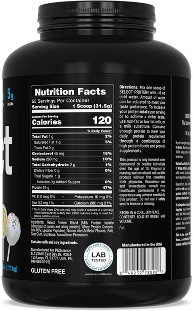PEScience Select Protein Powder, Whey and Casein Blend, Lean Protein Powder for Women and Men, Low Calorie, Low Carb, Keto Friendly, Gluten Free, Cake Pop - 55 Servings